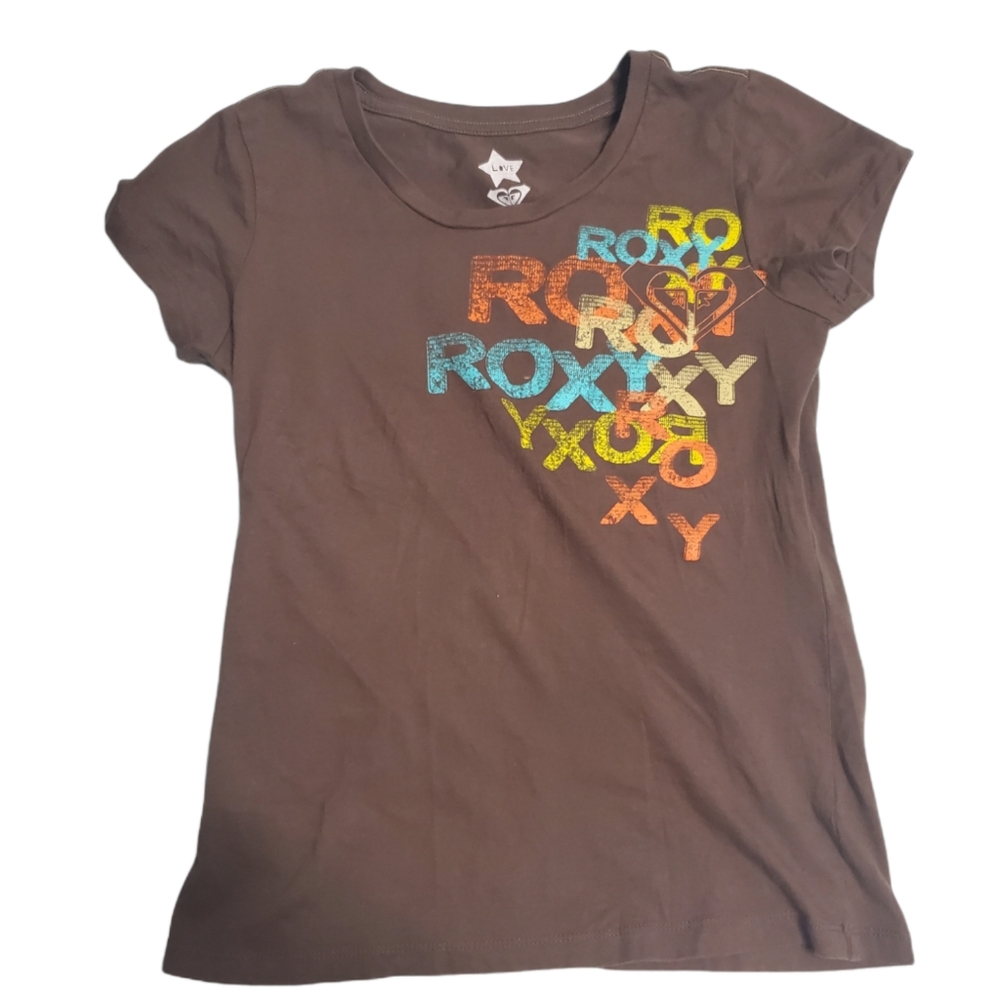Roxy women’s brown short sleeve tee - multi color logo - size small